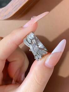 Nhẫn cổ điển hai lớp đan chéo bốn chấu tròn đính đá Cubic Zirconia tổng hợp, quà tặng trang sức cưới cho phụ nữ. - trắng - Xem 7