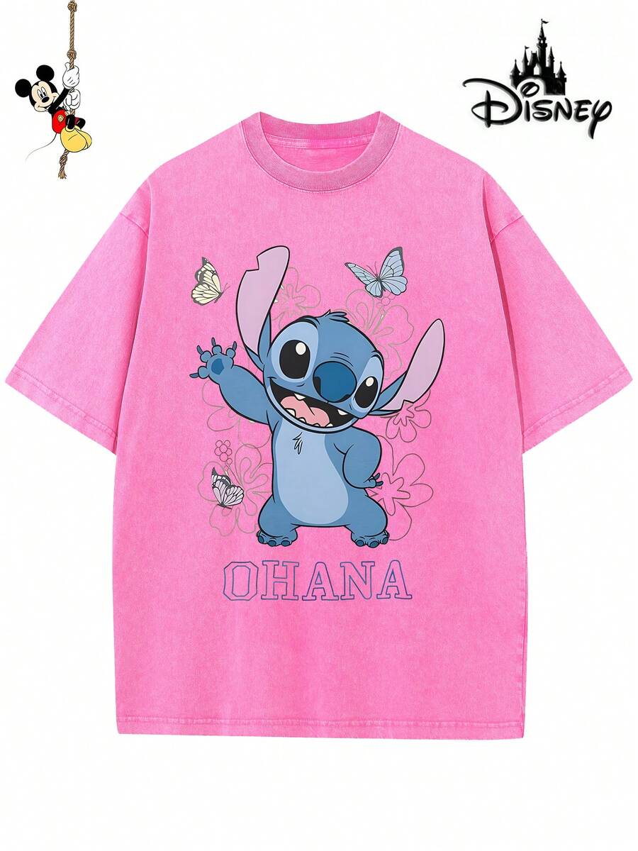 Camiseta de algodón para hombre con licencia Disney para las fiestas familiares de 2026. Con estampado de Stitch, cuello redondo lavado, tacto suave y cómodo, fácil de cuidar y perfecta para diversas ocasiones, como vacaciones, el día a día y los desplazamientos, llena de espíritu festivo. - Rosa Fucsia - Ver 1
