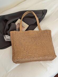 夏季草编沙滩包，大容量手提包，购物篮，手提包，度假风，简约百搭，多口袋女包，适合搭配连衣裙，购物，旅行，收纳，藤编包 - 卡其色 - 查看 7