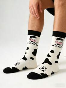 1双男士白色底纹奶牛图案中筒袜，可个性化定制，日常穿着。 - 彩色 - 查看 7