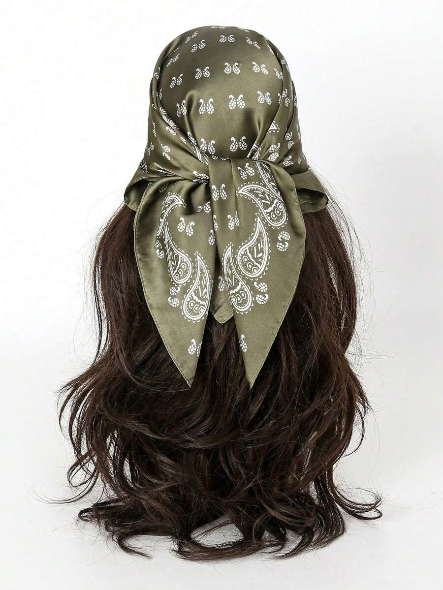 1pc Bohemian Paisley Pattern Silk Scarf, Size 27.5" X 27.5", Fashionable Design, Suitable For Daily Wear,Festival,Holiday - S47380-green - View 1