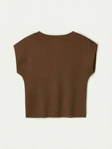 Camiseta sin mangas de punto para mujer, nueva colección primavera/verano, de estilo minimalista y elegante, con cuello redondo, diseño sin mangas, decoración con botón con forma de corazón, top corto y ajustado en color rosa, adecuado para uso casual, trabajo, viajes, citas, ceremonias de graduación y fiestas - Marrón - Ver 7