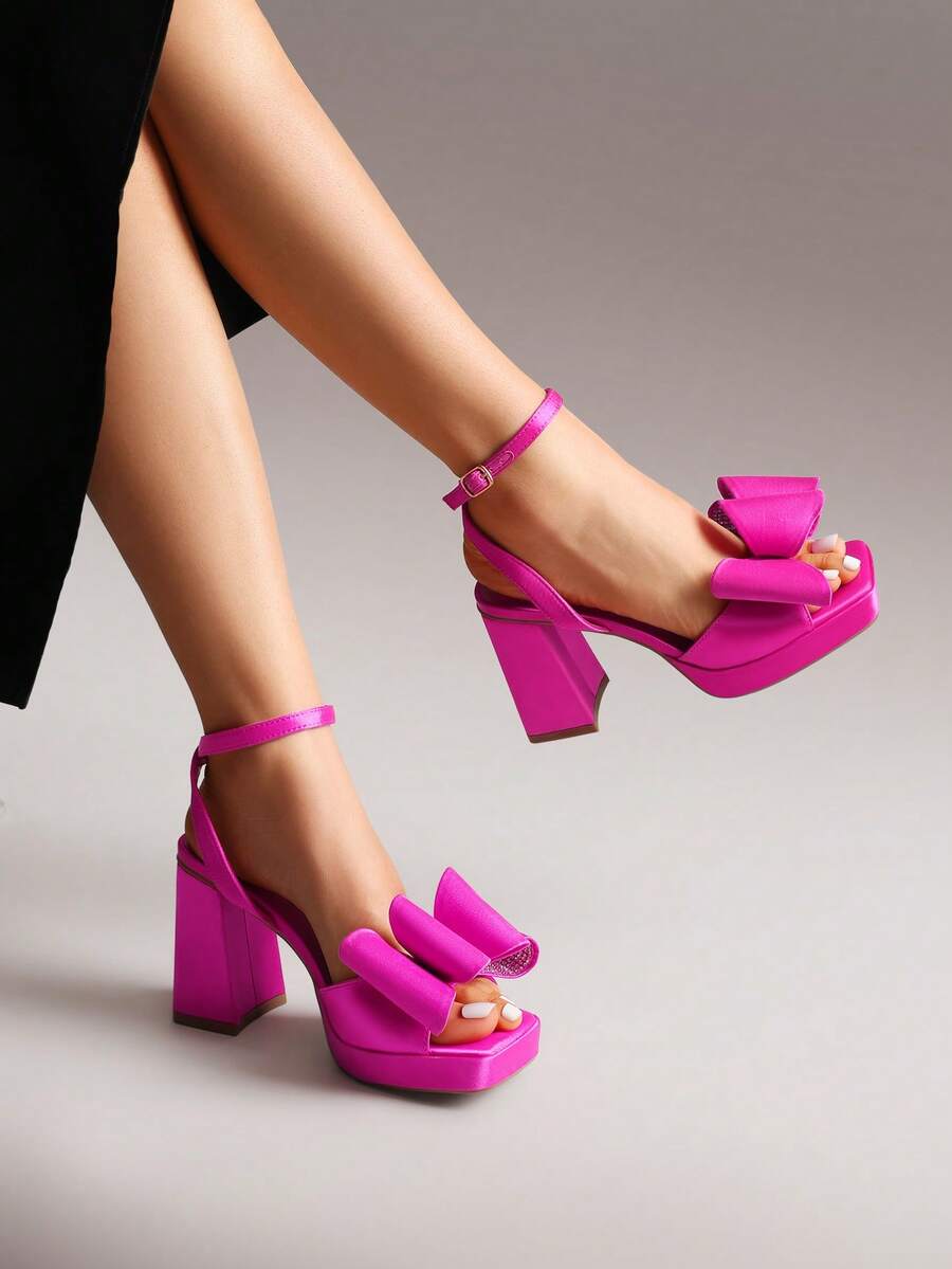 Women Chunky Platform High Heeled Sandals, Fashion Bow Knot Ankle Strap Heeled Sandals, Open Square Toe Summer Sandals For Prom, Party, Wedding - 玫紅色 - 查看 1