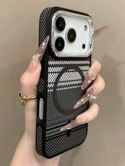 奢华碳纤维磁吸磨砂无线充电手机壳，兼容 17 Pro Max、17 Pro、17、16 Pro Max、16 Pro、16、16、15 Pro Max、15 Pro、15、15、14 Pro Max、14 Pro、14、13 Pro Max、13 Pro、13，格子金属镜框，防震后盖
