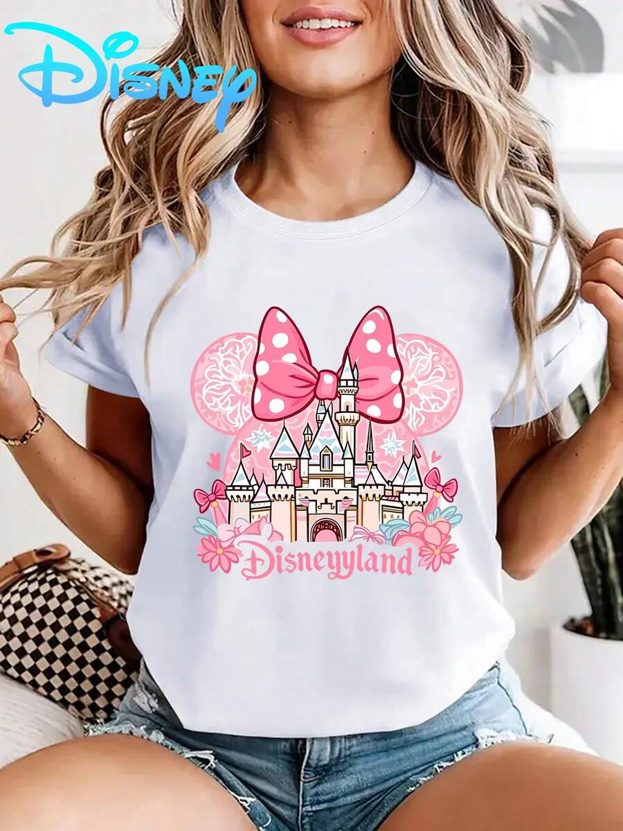 Disney Castle Women'S Short-Sleeved T-Shirt | Pink Mickey Mouse Theme Pattern Print, Stretchy Casual Summer Top, Machine-Washable Round-Neck, Travel And Gift Clothing, Festive Fun Pattern, Comfortable And Fitted Style - 白色 - 查看 1