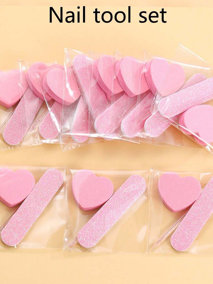 1set/5sets/20sets Pink Manicure Tool Kit: Mini Nail File, Heart-Shaped Sponge Buffer, Crystal Stick, Perfect For Polishing Jewelry And DIY Nail Art - Pink - View 1