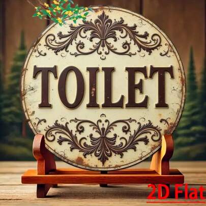 1pc 2D Flat - 2D Retro Bohemian Style Round Wooden Toilet Sign Wall Decor - 20X20cm Rustic Bathroom Decor, Elegant Brown Pattern, No Feather Design, No Power Needed, Suitable For Home, Bar, Cafe Decoration, Lightweight Design, Pre-Drilled Holes As Size Shown