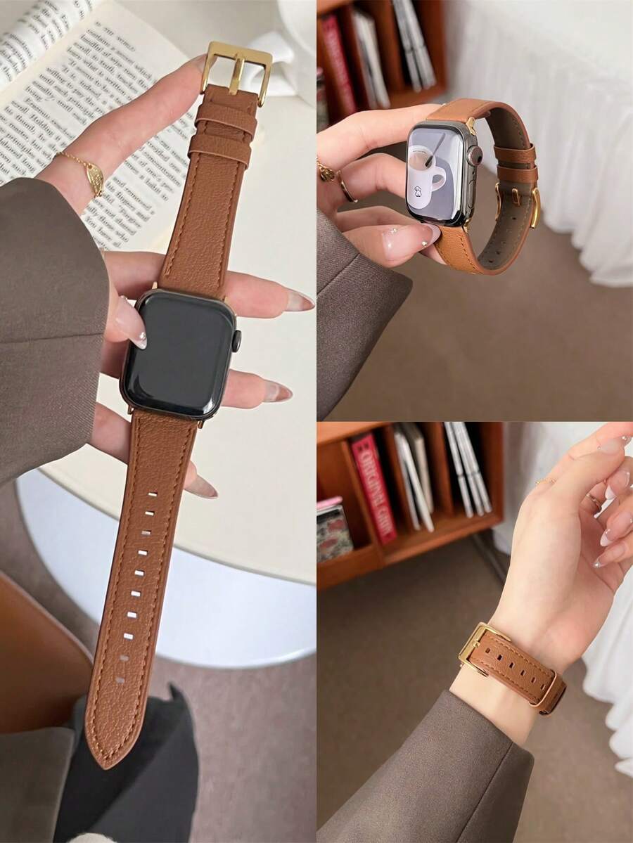 客製化軟皮革仿皮手錶錶帶,適用於 女款運動系列,尺寸 38mm、40mm、41mm、42mm、44mm、45mm、46mm、49mm,相容 Series 10/%/8/7/6/5/4/3/2/1 SE Ultra - 棕色金款 - 查看 1