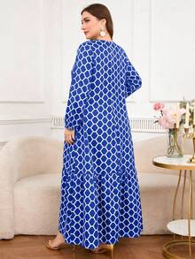 DEARCASE Plus Size Women Casual Commuter Geometric Print Long Sleeve Dress Elegant Vacation - Blue - View 2