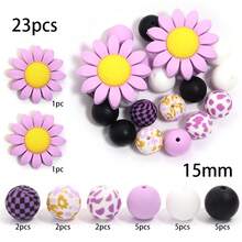 1 Set/Pack Multi-Color Water Transfer Printing Silicone Beads, Flower + Round Beads Mixed Set, Suitable For DIY Pen Beads, Bracelets, Necklaces, Pendant Chains, School Handmade Crafts, Keychain Crafts (23 Pieces Total) - Multicolor - View 16