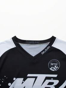 山地自行车V领运动衫，竞速服，MTB BMX ATV速降摩托车DH越野摩托车V领T恤，男士健身长袖T恤 - 通用款，适合骑行、越野、摩托车旅行、徒步、训练、钓鱼和日常休闲穿着 - 黑與白 - 查看 5