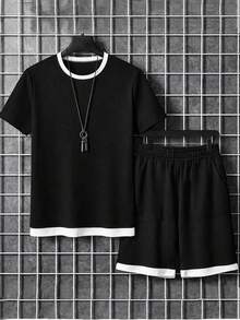 Set 2 buc. pentru adolescenți/tineri, sporturi în aer liber, casual, lejer, cu model waffle, cu mânecă scurtă și pantaloni scurți waffle, nou-veniți de primăvară/vară - Negru - Vizualizare 5