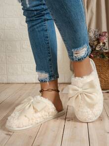 女士仿毛皮蝴蝶结拖鞋，流行跨境拖鞋 - 杏色 - 查看 3