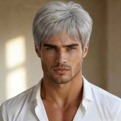 男士短直灰色假发 - 轻盈合成纤维，适合日常佩戴和休闲装扮 - 男士发型，短假发，派对配饰，灰色假发