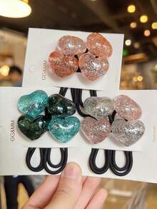 5pcs Multicolor Shiny Heart-Shaped Resin Hair Scrunchies, Versatile For Spring & Summer - Multicolor - View 3