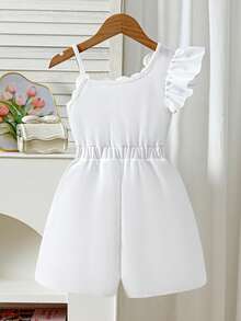 Young Girl's Solid Color Beaded 3D Floral Decor White Sleeveless Jumpsuit, Suitable For Daily Play, Weekend Outings, Party Occasions - White - View 10
