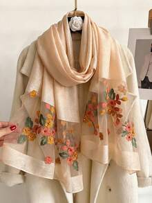 1pc Women's Elegant Hollow Faux Pearl Plaid Pattern Silk Scarf, Printed With Beautiful Flowers, Solid Color Shawl, Casual Headscarf And Neck Scarf, Suitable For Daily Wear And Summer Beach Sun Protection, Perfectly Matches Dresses, Suitable For All Seasons - Multicolor - View 19