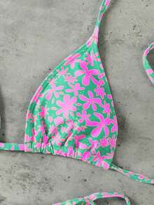 Polovedo Official New Arrival Spring/Summer Fashionable Casual Green Floral Print Women's Halter Tie Bikini Set Set, Suitable Beach, Vacation, And Dates - In ấn 4 - Xem 3