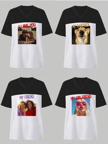 Top personalizada para mujer - Camisa de cuello en V personalizable, agrega tu foto, patrón, impresión publicitaria, eslogan, nombre, número de la suerte, fecha de reunión, aniversario, diseña tu propia sudadera/equipo personalizado impreso para fiesta con amigos - Negro - Ver 2