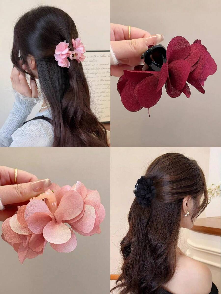 1件粉色和酒红色花朵发饰，女士优雅布艺花朵发爪夹 - 新娘和仙女风格发夹，夏季沙滩发夹
