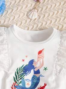 Conjunto de camiseta con estampado de sirena con volantes y parches y falda corta con estampado de océano, estilo casual de vacaciones para niñas pequeñas - Blanco - Ver 3