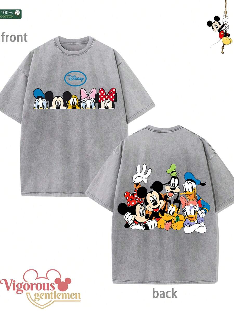 Disney Classic Character Collection Pattern T-Shirt Summer Clothing Vintage Washed 230g Gray T-Shirt - Grey - View 1