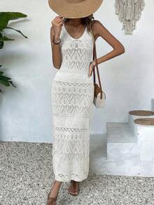优雅女士休闲纯色针织长裙，无袖沙滩裙，适合春夏穿着，白色轻盈度假装，简约复古风格，适合返校季，秋冬长款派对裙，适合圣诞节、感恩节和新年等场合。 - 白色 - 查看 5