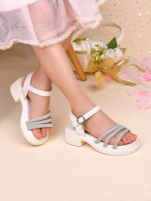 Children's Sandals, Summer Girls' Rhinestone Princess High Heel Shoes, Student Fashion Soft Bottom Performance Dance Shoes - Beige - View 9