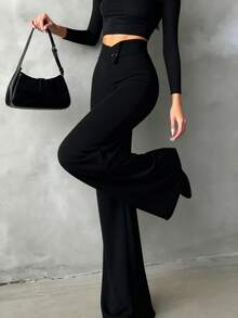 女士纯色休闲优雅高腰直筒裤，适合日常外出、办公室通勤、居家、约会、小型聚会、轻度社交场合，春季黑色 - 黑色 - 查看 6