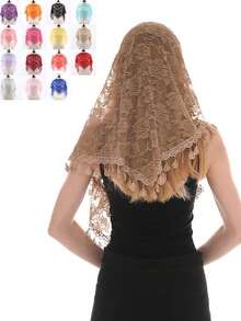 1件装女士经典蕾丝镂空玫瑰披肩，时尚流苏三角围巾新娘头饰，优雅女士蕾丝头巾 - 彩色 - 查看 11