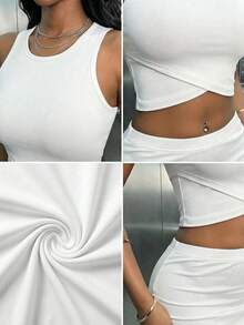 Women's Casual Basic High-Low Hem Tie Front Sleeveless Tank Top, Suitable For Spring And Summer White - White - View 7