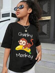 Camiseta de verano casual para niñas con estampado de mono adorable sobre plátano, diseño de dibujos animados. - Negro - Ver 2