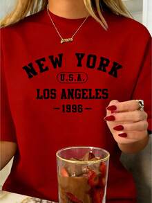 New York Los Angeles Independence Day Graphic Tee Independence Day Shirt Y2k Woman Teen Girls Tee,Vintage Print Top, Funny Cute Graphic Letter Tee Crew Neck Cool Summer Shirt Short Sleeve Top,Animal Fruite Pet Pattern, Women Graphic-Shirt, Fashion 2025,Gifts, Women's Clothing, Cartoon And Letter Printing, Comfortable Cotton Material, Skin Friendly, Soft And Cool, Spring Summer Women's-Shirt ClothingSports Short Sleeves - 紅色 - 查看 8
