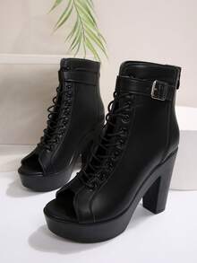 FVPFVP 欧美系带露趾粗跟镂空踝靴、爵士舞鞋、夏季高跟鞋 - 黑色 - 查看 7