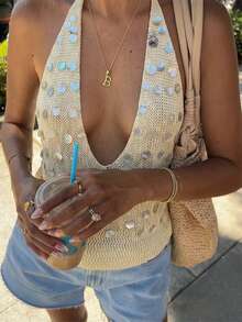 Just Masa Summer Ladies Sexy Sequined Design Holiday Halter Halter Vest For Beach Vacation - Apricot - View 1