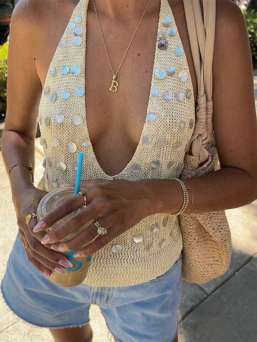 Just Masa Summer Ladies Sexy Sequined Design Holiday Halter Halter Vest For Beach Vacation - Apricot - View 1