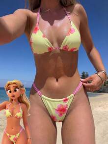 Women's Triangle Bikini 2 Pieces Set With AB Print Pattern, Suitable For Island Vacation And Photography - Multicolor - View 1