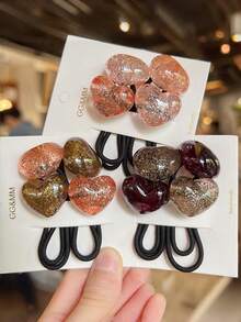 5pcs Multicolor Shiny Heart-Shaped Resin Hair Scrunchies, Versatile For Spring & Summer - Multicolor - View 4