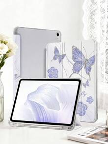 1pc Butterfly & Flower Purple Pattern Painted Tablet Case, Compatible With IPad Mini4/Mini5/Mini6/Mini7/Air/Air2/9.7/10.2/10.5/Air4/Air5/10.9/Pro 11-Inch/10th Gen/ Air 11-In.(M2)-2024/ Pro11-In.(M4)-2024/Air 11-Inch (M3) 2025/ (A16) 11 Inch 11th Generation 2025, Galaxy Tab A8 10.5 Inch 2022, Includes Pencil Slot, Tri-Fold Stand, TPU Soft Edge Protection, Magnetic Sleep/Wake, Elegant/Fun/Personalized/Creative Tablet Case - Multicolor - View 4