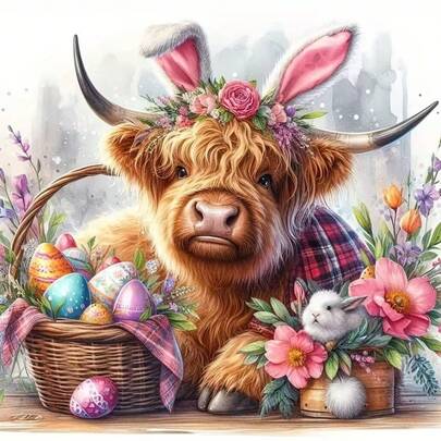 1pc [30*30cm/11.8*11.8in][40*40cm/15.7*15.7in]5D Acrylic Diamond Painting Kit, Highland Cow & Eggs Pattern, Suitable For Adult Beginners DIY Mosaic Diamond Art, Full Drill Handmade DIY Diamond Painting For Living Room, Bedroom, Office Wall Decor, Surprise Art Home Decor Gift For Family And Friends