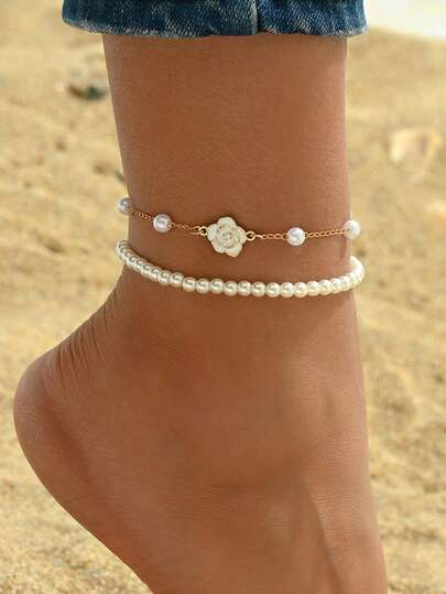 2pcs Girls' Luxury Faux Pearl Camellia Flower Decor Chain Anklet & Bracelet Set, Versatile Fashion Accessory For Teenagers, Chain Length Can Be Customized, Faux Pearl Quantity Not Fixed