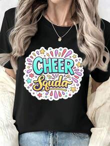 T-shirt graphique pour équipe de cheerleading féminine, tissu de qualité, coupe décontractée, style hip-hop urbain, confortable, motif graphique - Noir - Voir 1