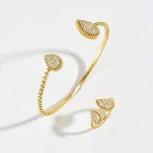 1 Set de Brazalete y Anillo Abierto Incrustado con Circonita Cúbica de Cobre, 2 Piezas - Juego de gotas de agua - Ver 1