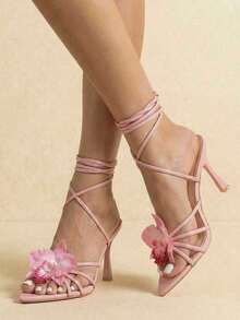 planare Giày sandal cao gót nữ mùa hè màu hồng họa tiết hoa 3D mới - Mũi nhọn, quai buộc bằng da PU, kiểu dáng thanh lịch, sandal cao gót thấp phong cách nghỉ dưỡng cho nữ, sandal thời trang. - Hồng - Xem 7