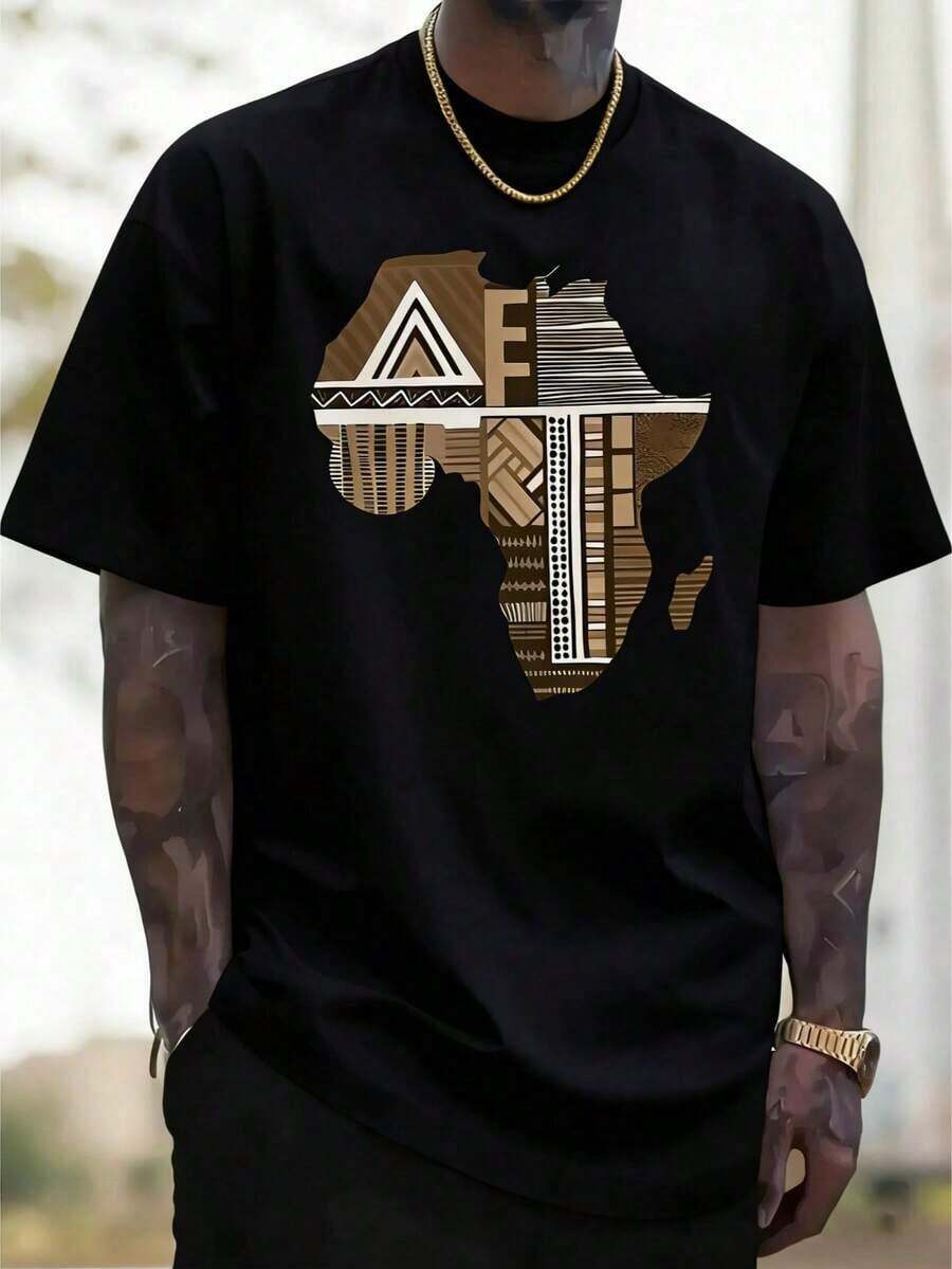 Camiseta de manga corta para hombre con estampado de mapa de África, cuello redondo, diseño único y moderno, estilo urbano informal, estilo hip hop, tela cómoda, 100% algodón, para primavera y verano. - Negro - Ver 1