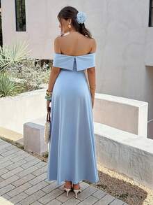 Vaiaye 女士纯色露肩连衣裙，新款夏季优雅修身露背长裙，适合派对、日常穿着和约会 - 淺藍色 - 查看 2