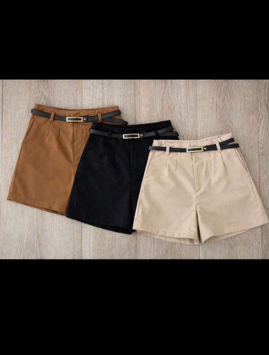 Kit Of 3 Tailored Shorts With Belt - Fashion Blogger Style 2026 - 焦糖米色黑色 - 查看 1