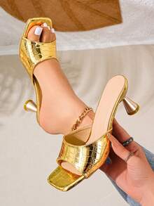 Sandalias de tacón alto para mujer, color dorado, textura turquesa, punta cuadrada, para fiesta, sandalias de tacón alto delgado y sexy, slip-on, correa única, sandalias y pantuflas para mujer, vacaciones, sandalias de verano - Dorado - Ver 7