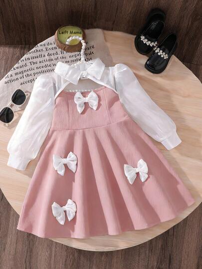 Left Mama Young Girl' Elegant Sweet Bow Mesh Patchwork Long Sleeve Princess Dress, Suitable For Banquet And Party, Spring/Autumn