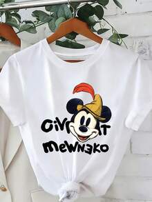 Loose Fit Mickey Mouse Companion Disney Castle Balloon Printed T-Shirt, Suitable For Summer And Spring, Short Sleeved Top, Women's Clothing, Holiday Gift Party Clothing. - White - View 1